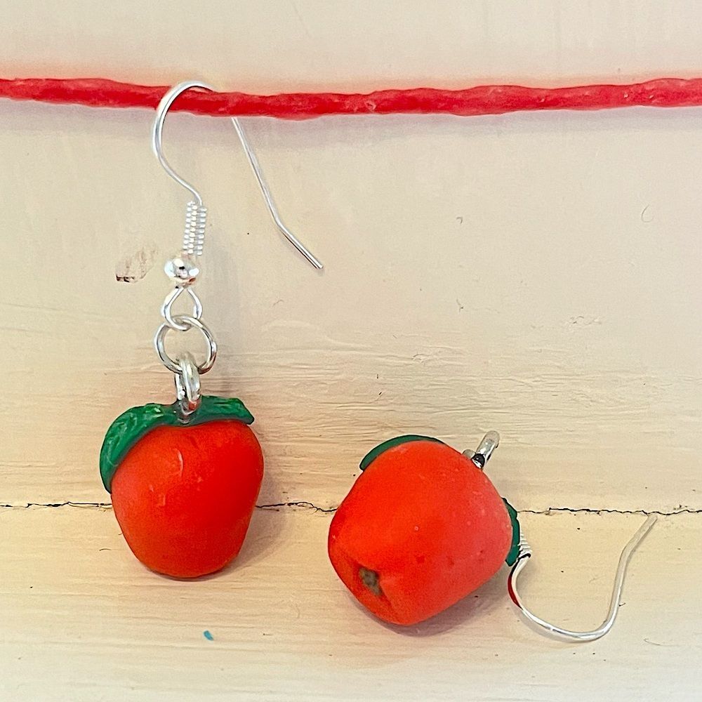 NEW 3D Red Apple Polymer Clay & Resin Dangle Earrings